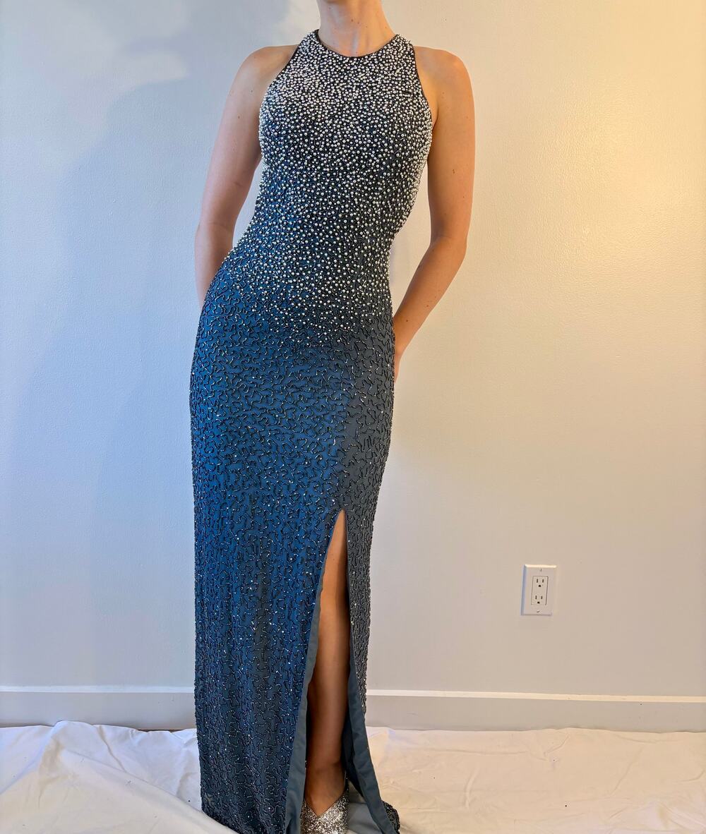 vintage silk beaded blue gray pearl gown